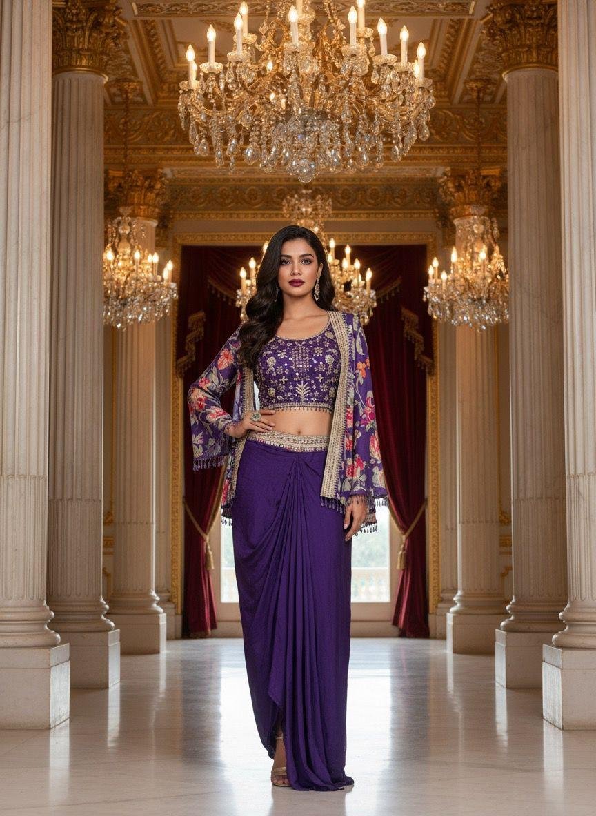 purple Indo-Western crop top and draped skirt