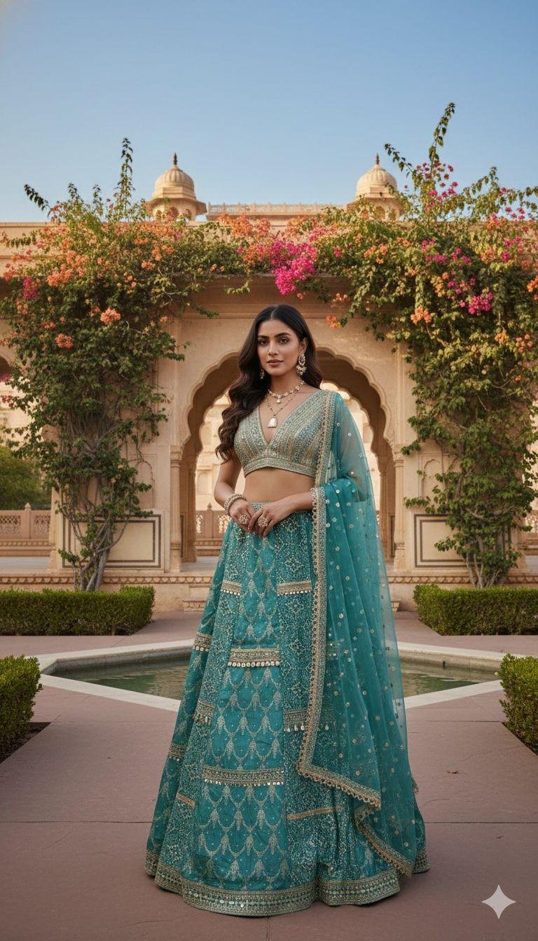 Turquoise & Emerald Jaya Zardozi Bridal Lehenga Set