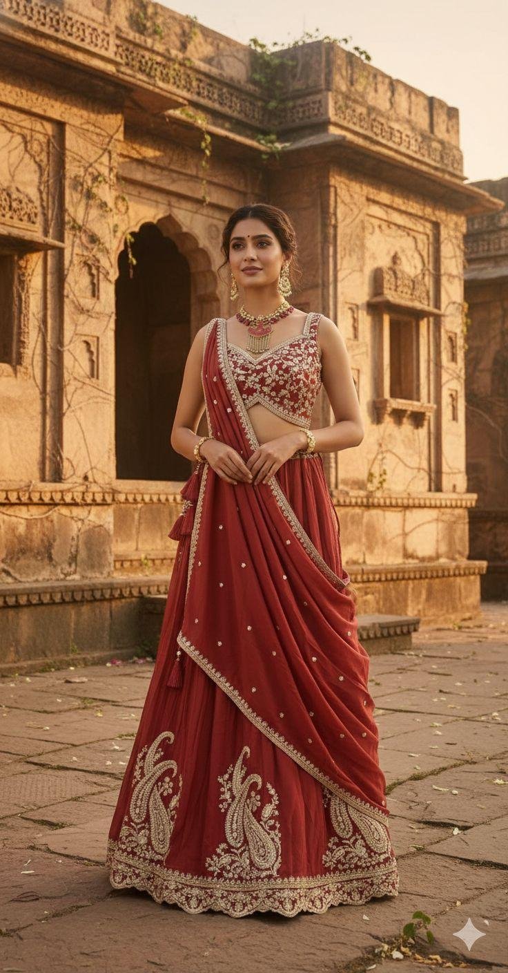 Red Embroidered Lehenga Set