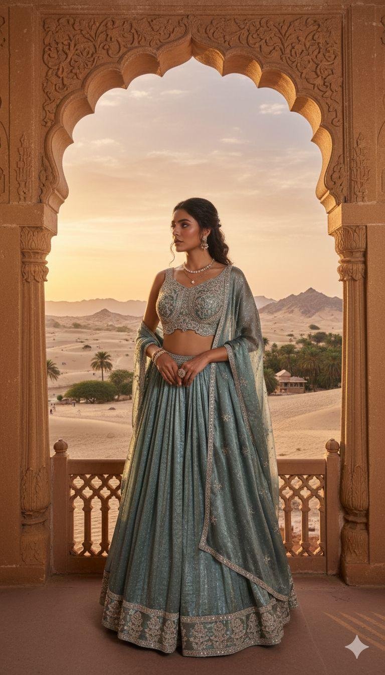 Dusty Blue Tissue Lehenga Set