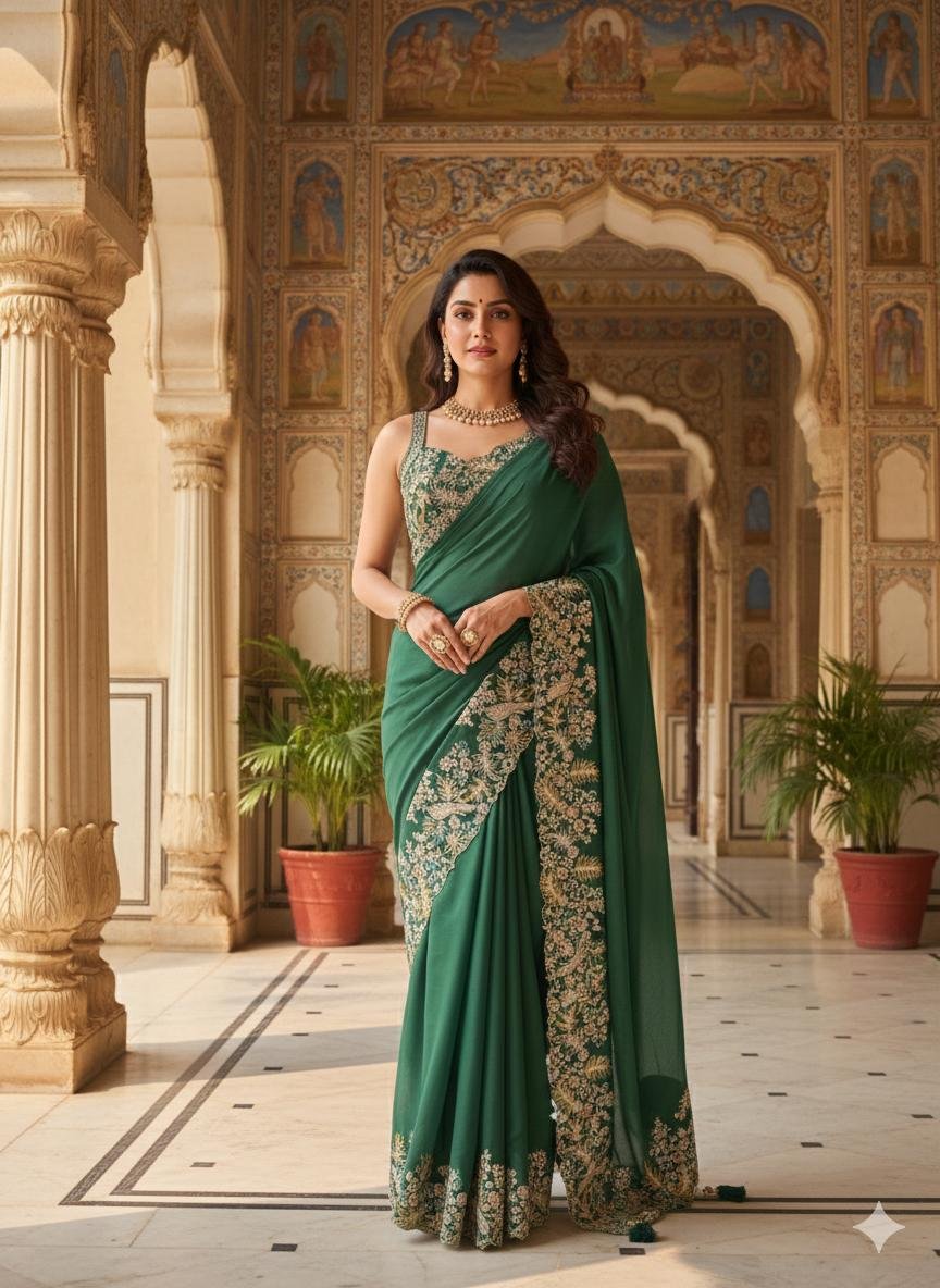 bottle green embroidered chinon saree