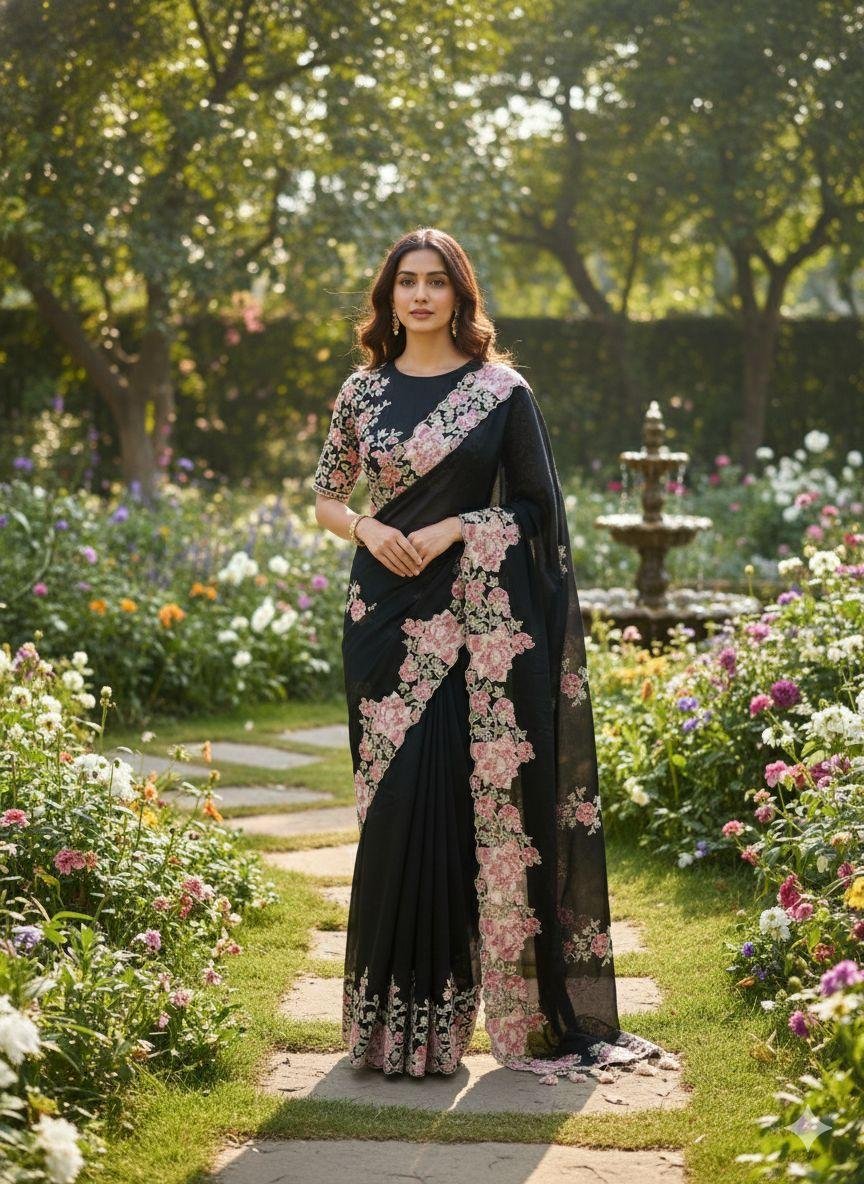 black embroidered saree featuring vibrant pink floral thread work