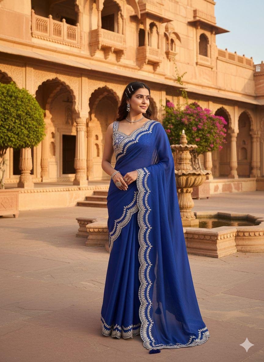 royal blue chiffon saree
