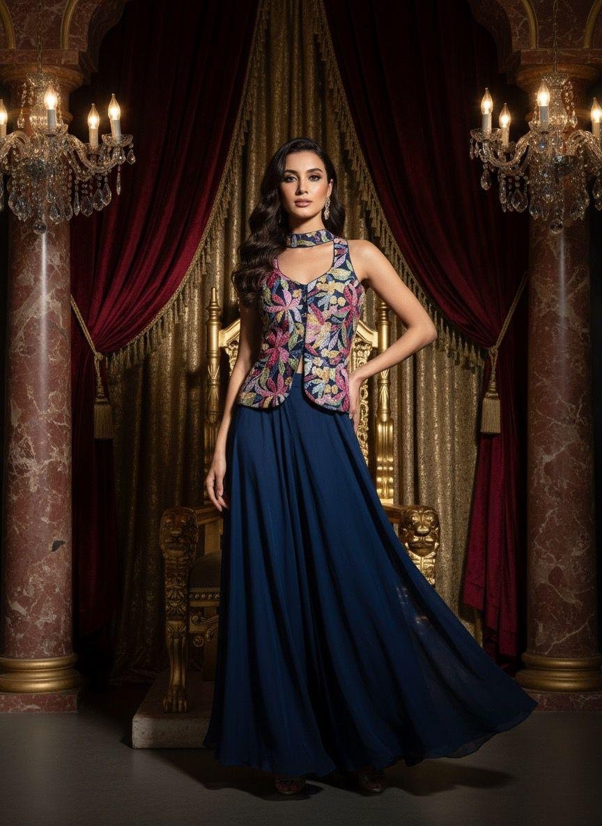 Azure Blue Embroidered indo-western Set