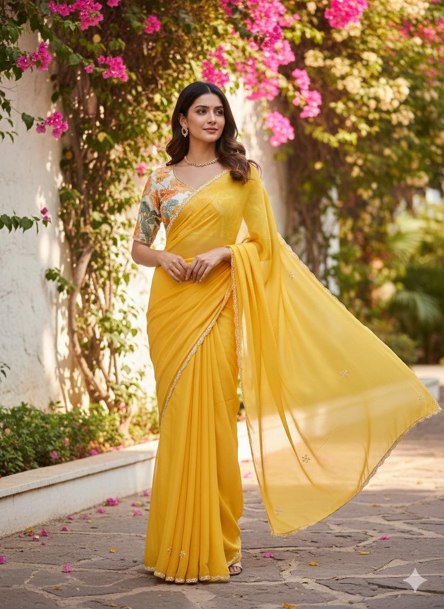 yellow muslin saree with a distinctive floral printed blouse.
