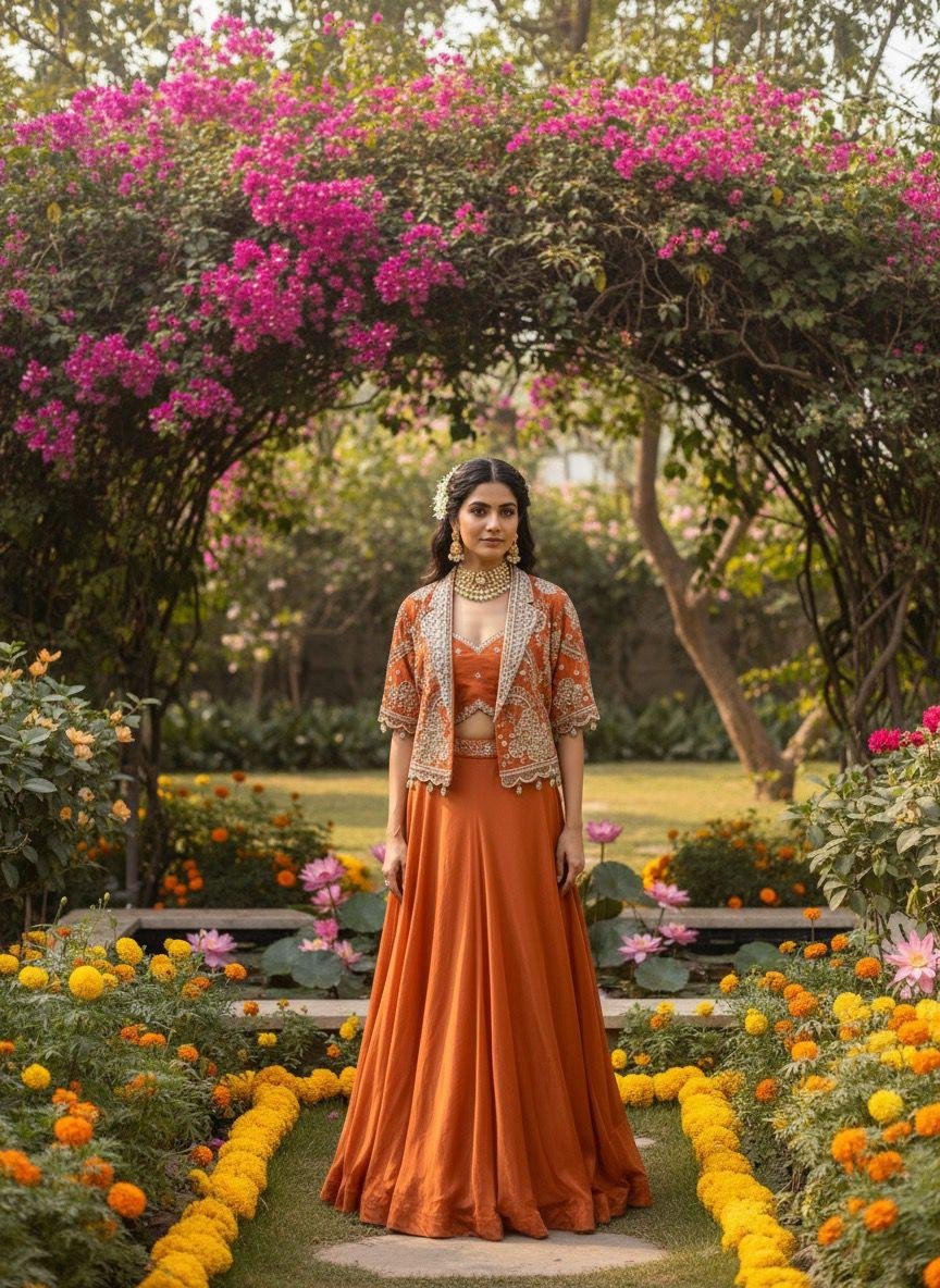 orange lehenga set with aari-zardozi and crystal embroidery details on the jacket
