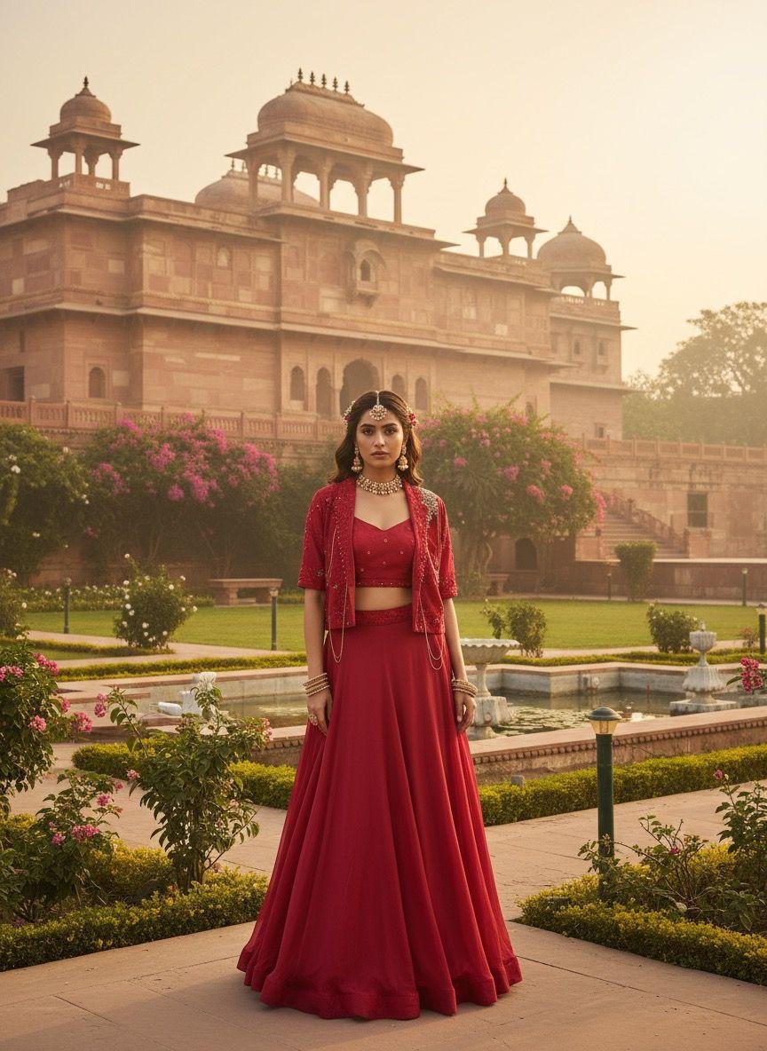 red three-piece set that typically includes an embroidered short jacket