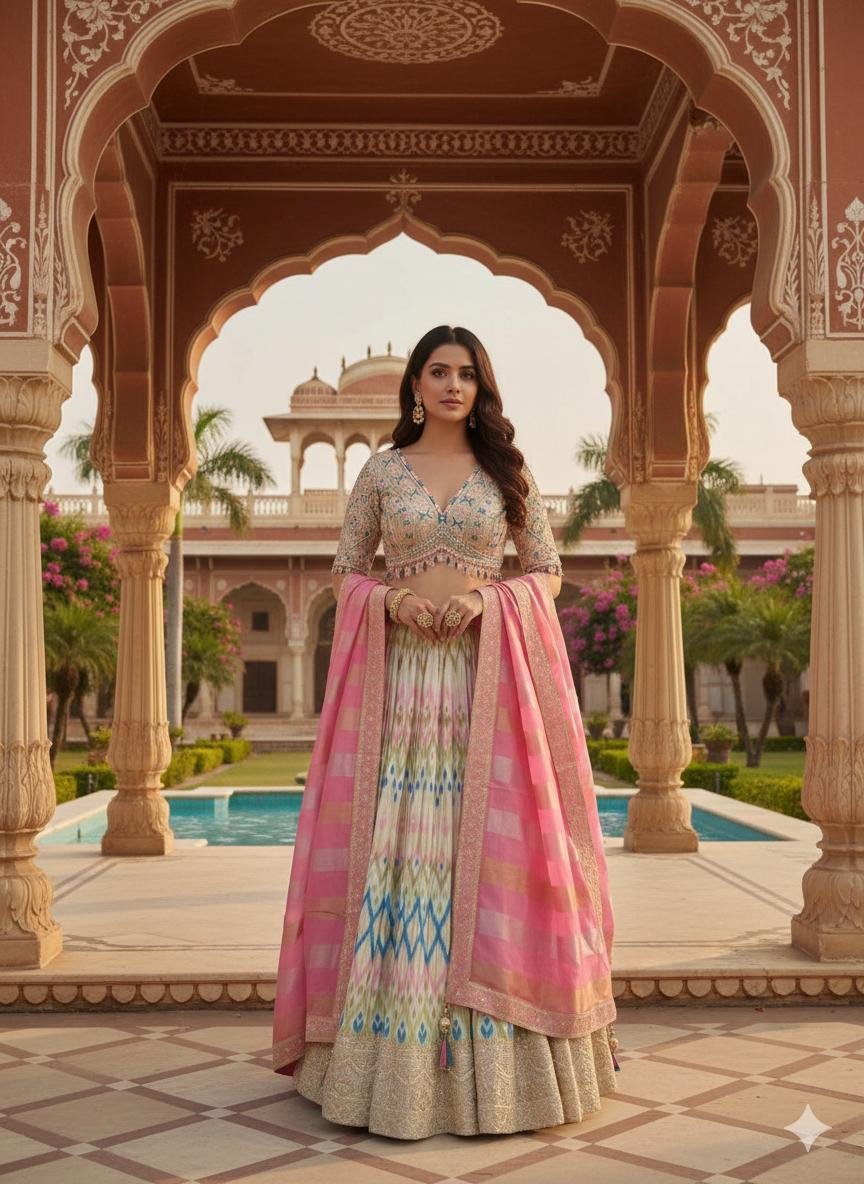 multi-colored ikat printed lehenga set
