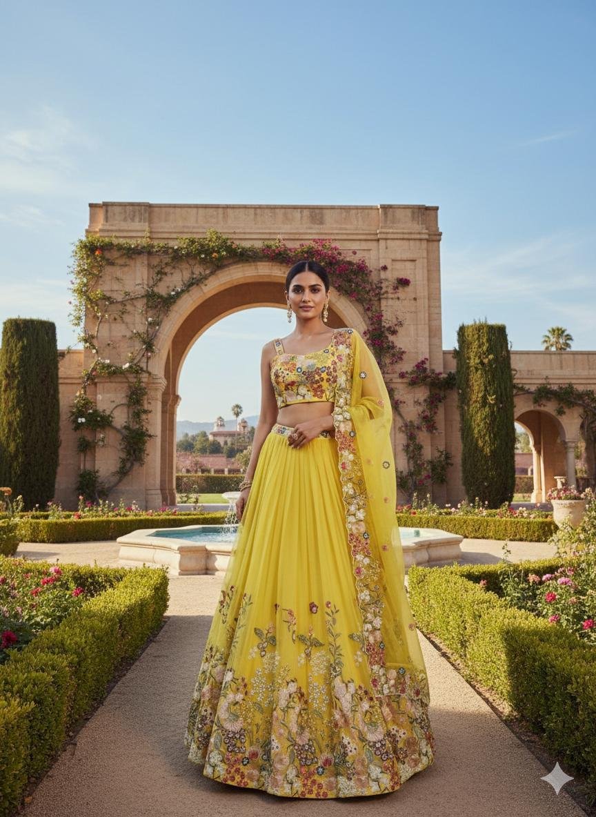 yellow organza with Gulzar Yellow dupatta Scallop lehenga set