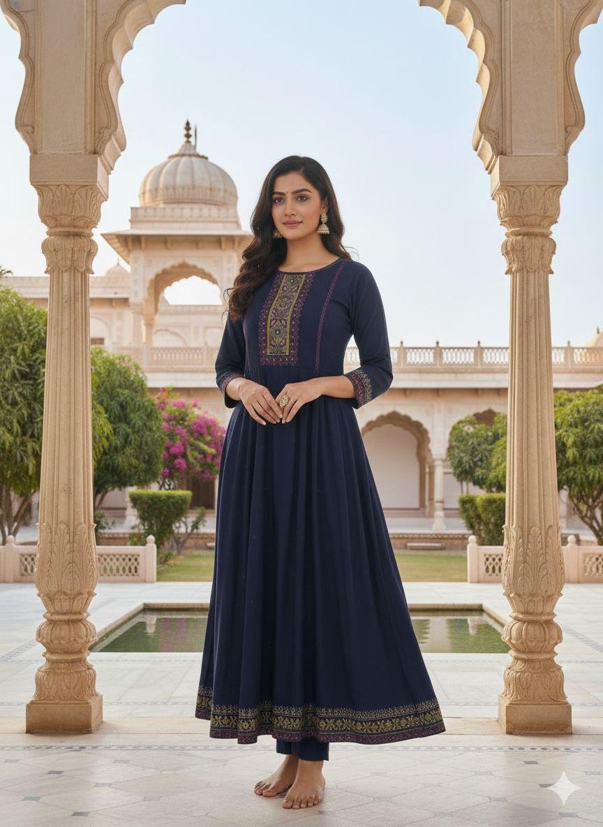 navy blue Anarkali kurta with matching trousers