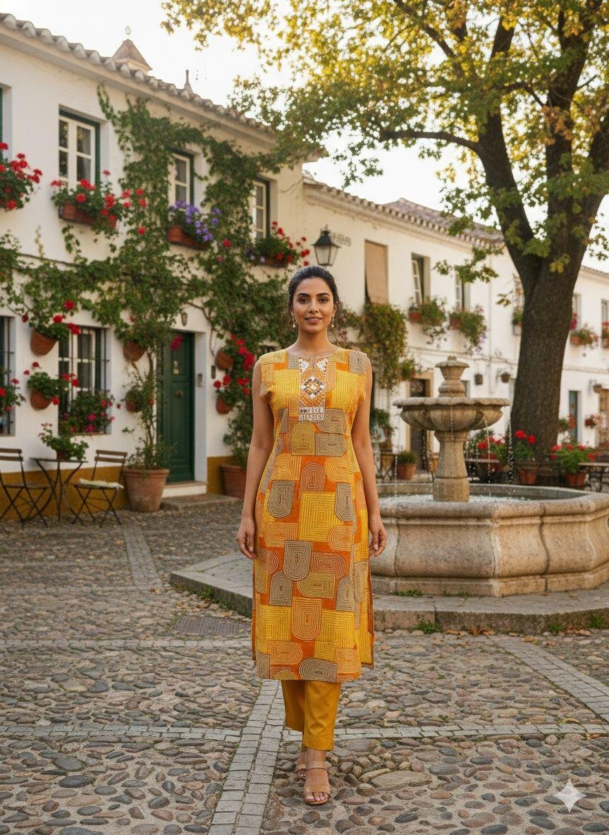 mustard yellow and orange printed KURTI set
