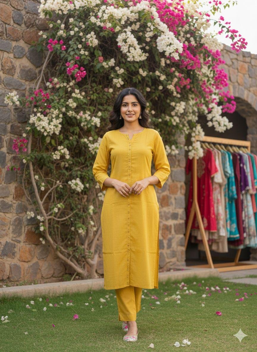 yellow kurta with matching trousers