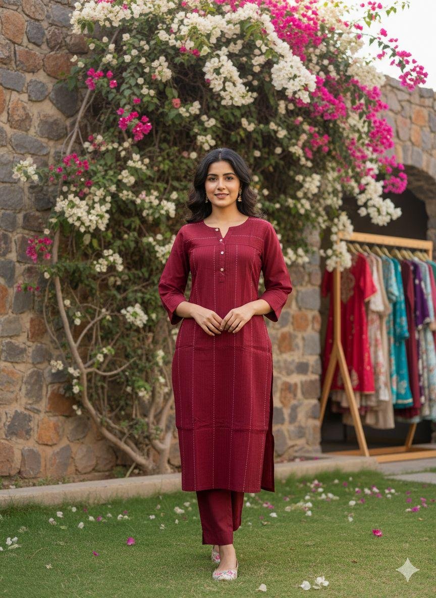 maroon straight kurta with matching trousers