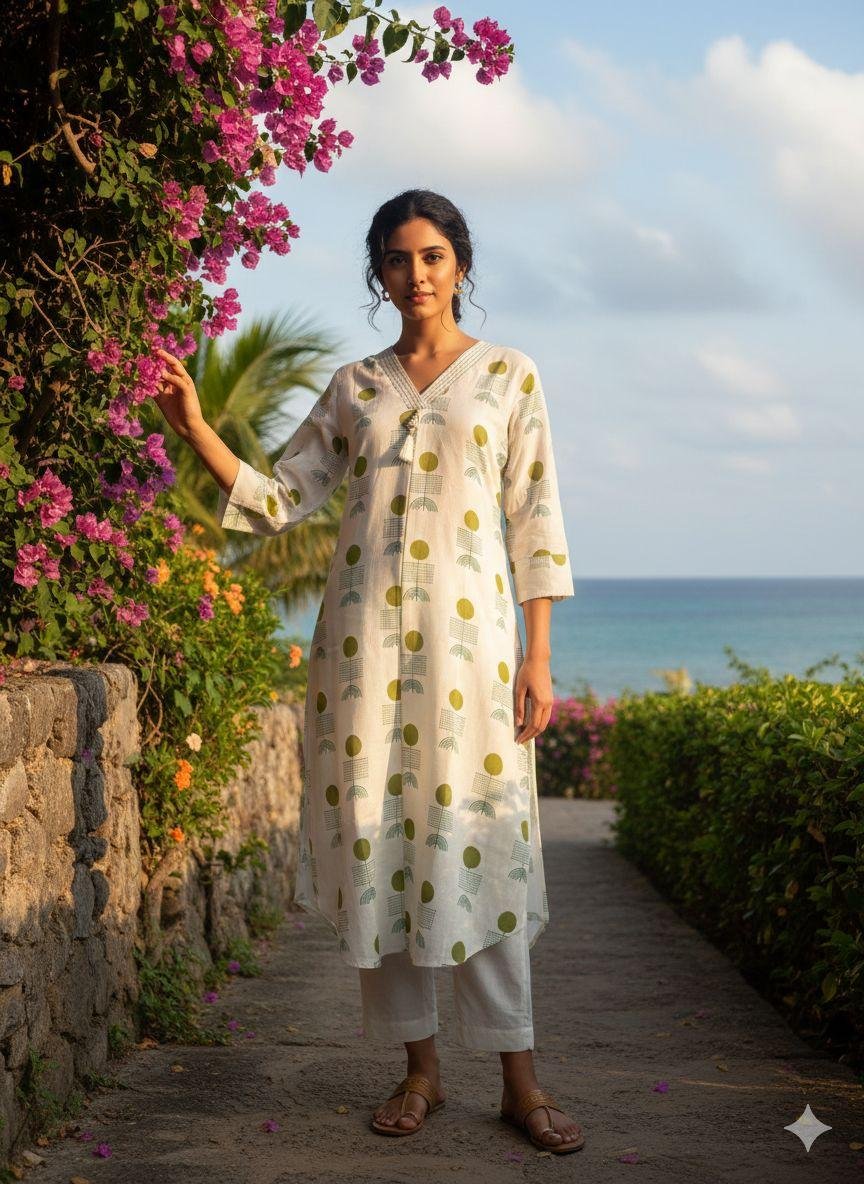 white and green printed A-line tunic top AND BOTTOM