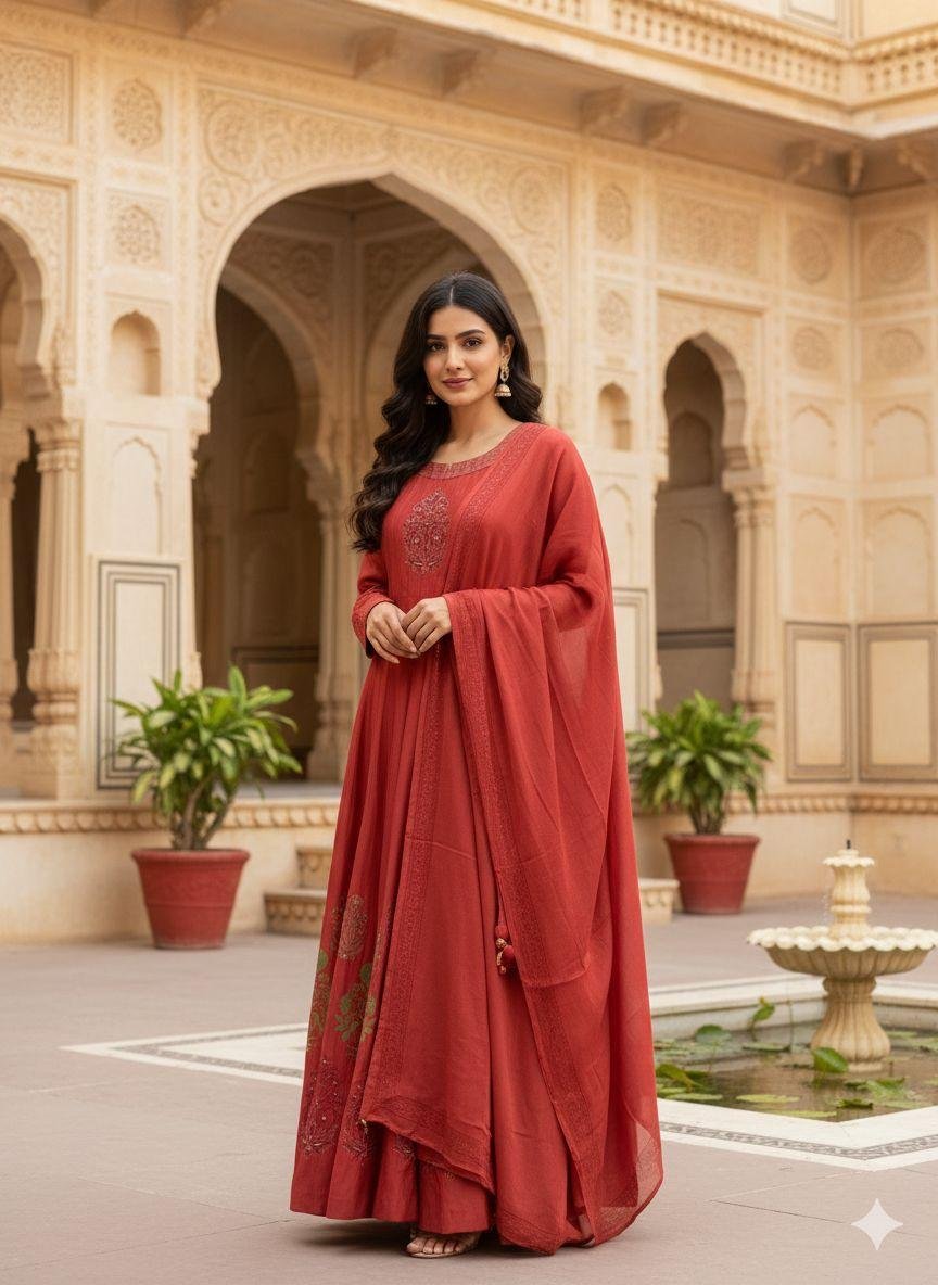 rust red Anarkali suit set