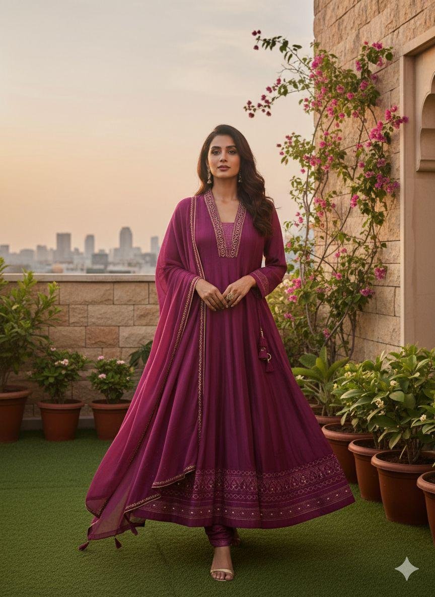 maroon or magenta Anarkali suit set