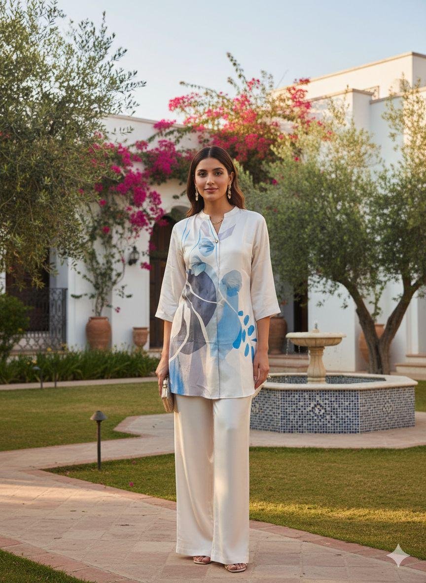 white and blue co-ord set
