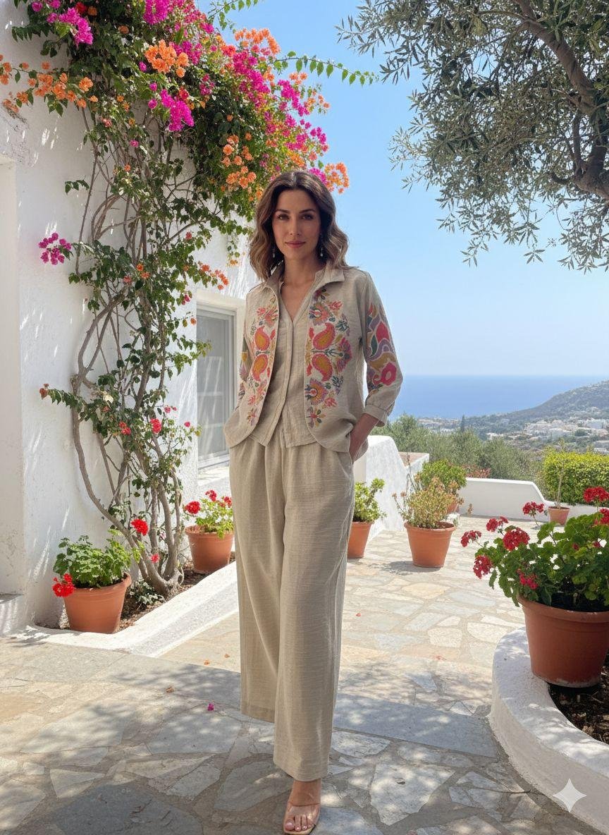 co-ord set embroidered cardigan WITH wide-leg trousers