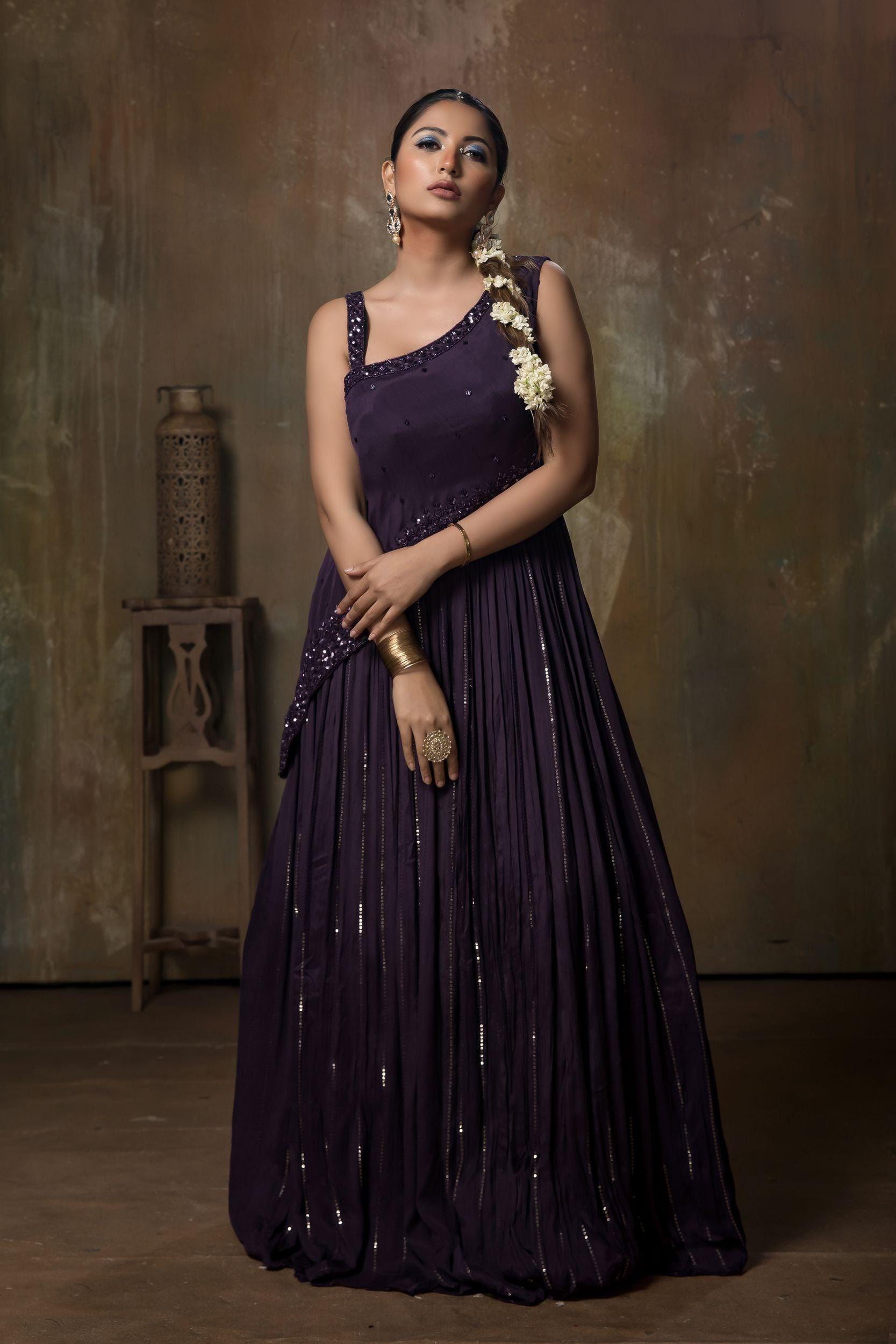 BOTTLE GREEN GOWN SET WITH SELF AND SILVER EMBROIDERY, GOTA AND “ABLA”  PAIRED WITH A MATCHING DUPATTA AND SILVER EMBELLISHMENTS. - Seasons India
