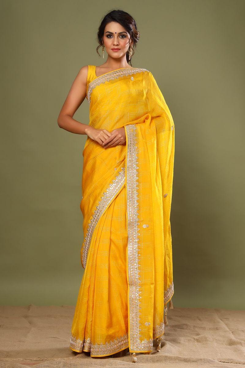 Shop Wide Range Lace Plain Silk Mustard Yellow Saree|SARV127529