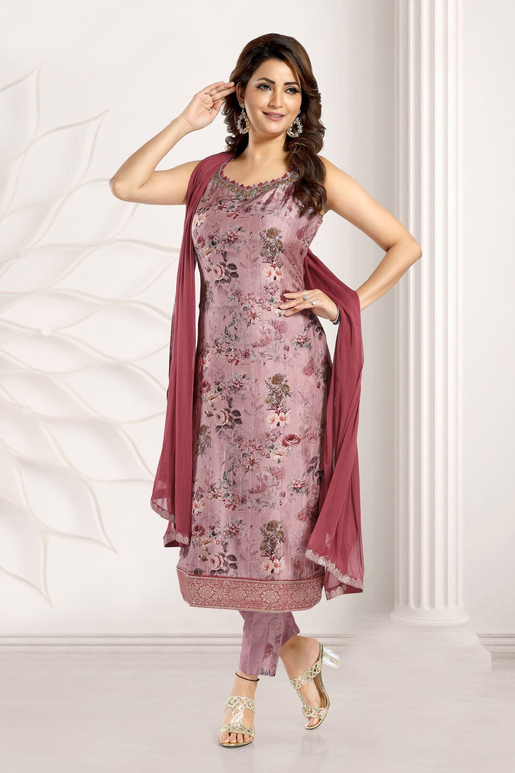 Womens Silk Printed Banarasi Dress Material (Pink) in Hyderabad at