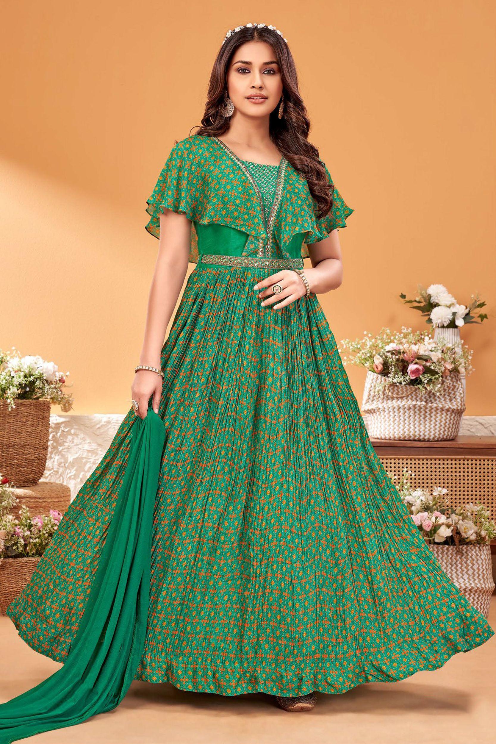 Parrot Green Flared Gown w/ Fabric Origami Triangles – 101 Hues