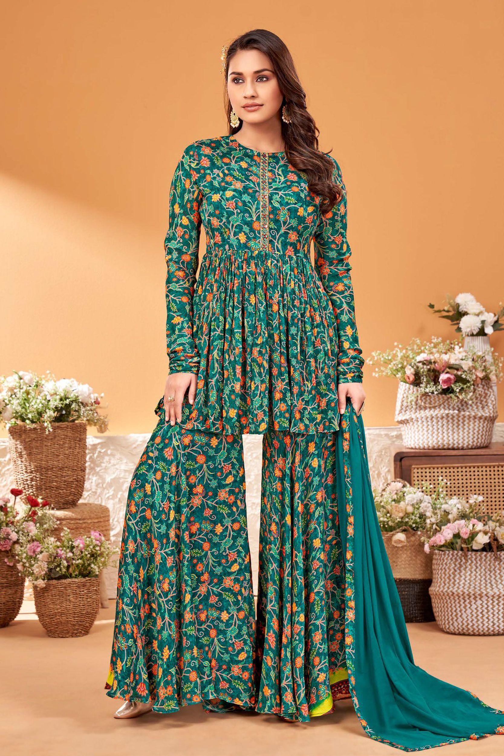 Floral Flutter Sleeve Yellow Top with Teal Stylish Long Skirt Palazzo –  Lilpicks