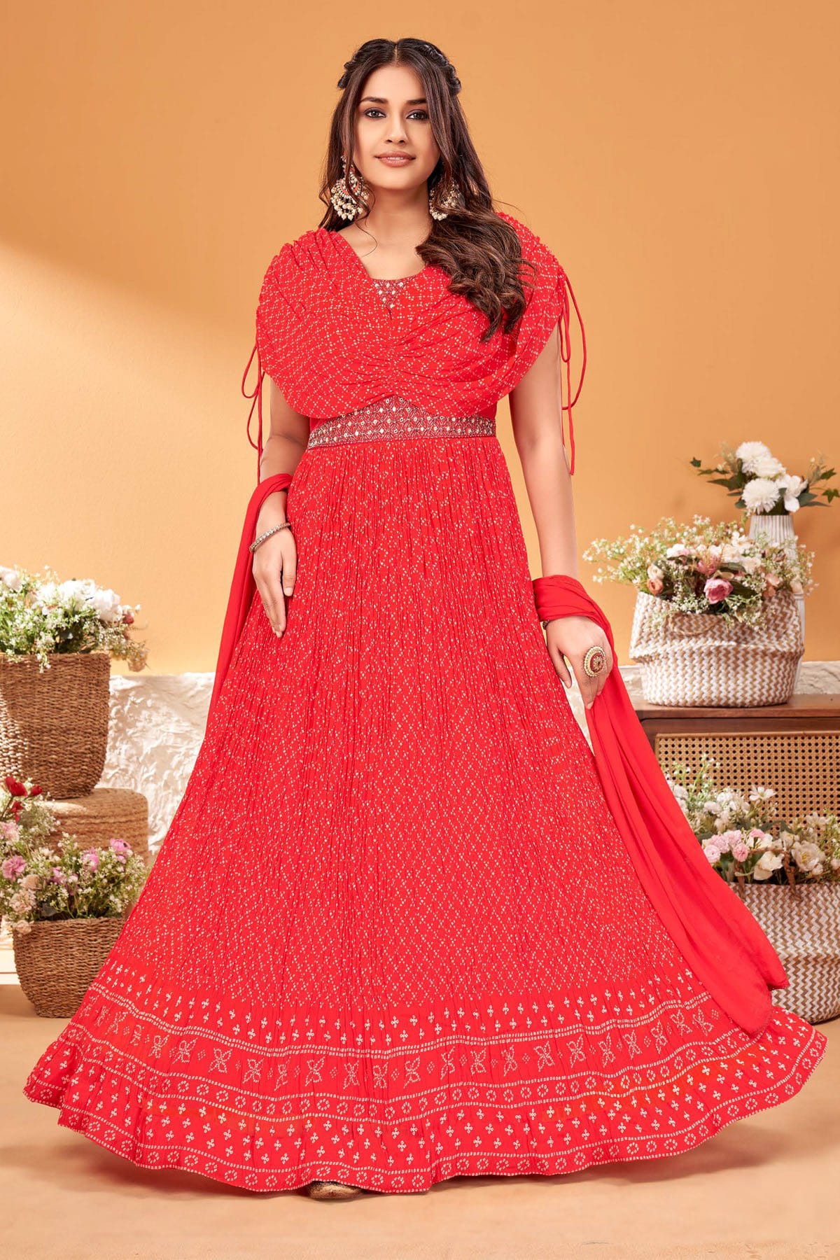 Red Pink Bandhani Dress Material Modal Silk | KaLa Bandhej
