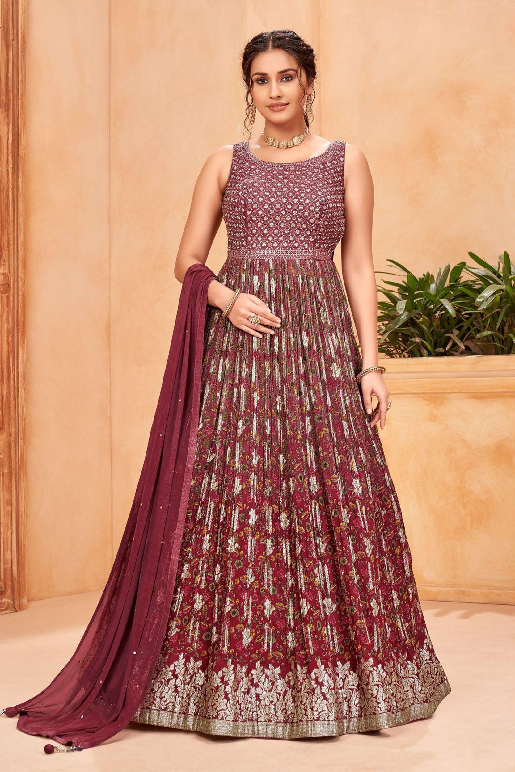 Banarasi Silk Party Wear Gown in Red and Maroon with Weaving work | Party  wear gown, Gowns, Maroon color