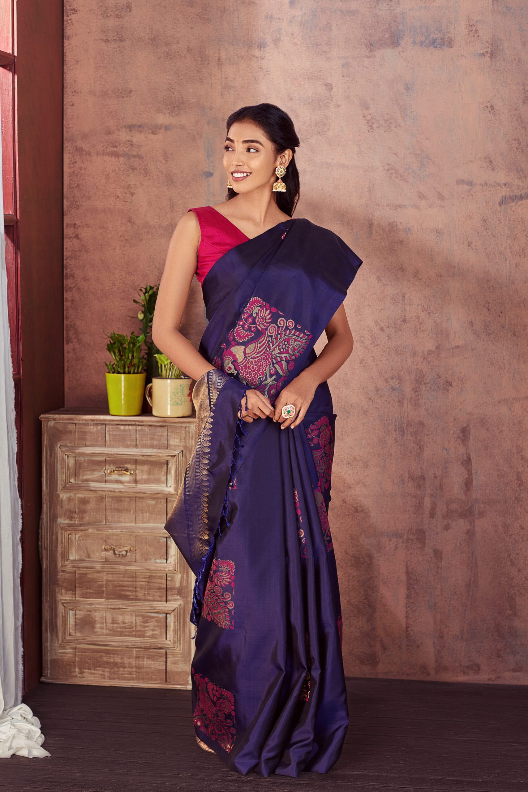 Indigo Blue Colour Copper Zari Thilagam Motifs Bridal Silks Saree